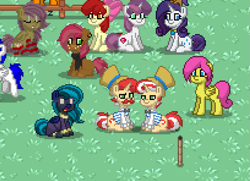 Size: 1225x888 | Tagged: safe, apple bloom, flam, flim, rarity, sweetie belle, oc, oc:midnight mist, pegasus, pony, unicorn, clothes, costume, flim flam brothers, pony town, shadowbolts costume