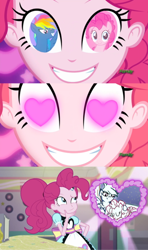 Size: 356x600 | Tagged: safe, artist:artistic dawn, derpibooru import, edit, edited screencap, screencap, evil pie hater dash, pinkie pie, rainbow dash, coinky-dink world, eqg summertime shorts, equestria girls, secrets and pies, crack shipping, female, heart eyes, lesbian, meme, pinkie's eyes, pinkiedash, pinkiehater, server pinkie pie, shipping, wingding eyes