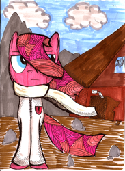 Size: 1024x1401 | Tagged: safe, artist:colouredteapot, bubble berry, bubblini davinci berry, pinkie pie, earth pony, pony, pinkamena diane pie, rock, rule 63, solo, traditional art