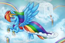 Size: 1800x1215 | Tagged: safe, artist:eternalsubscriber, derpibooru import, rainbow dash, pegasus, pony, the best night ever, clothes, cloud, cloudsdale, cute, dashabetes, dress, flying, gala dress, rainbow, rainbow dash always dresses in style, solo