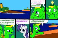 Size: 985x651 | Tagged: safe, artist:didgereethebrony, rarity, oc, oc:didgeree, pony, unicorn, comic:wreck of the renaissance, broken bone, broken wing, ship, ship sinking, sinking, sinking ship