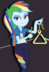 Size: 1060x1555 | Tagged: safe, artist:grapefruitface1, artist:yaya54320, derpibooru import, rainbow dash, equestria girls, base used, clothes, looking to the left, musical instrument, pink floyd, solo, triangle