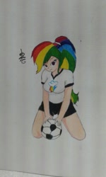 Size: 768x1280 | Tagged: safe, artist:12alvaro, derpibooru import, rainbow dash, human, clothes, football, humanized, solo, sports, traditional art, uniform