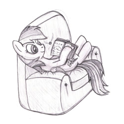 Size: 1000x1000 | Tagged: safe, artist:m.w., derpibooru import, rainbow dash, pegasus, pony, armchair, book, cute, female, lying down, mare, monochrome, non-euclidean, on back, reading, simple background, solo, white background