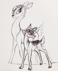 Size: 3024x3671 | Tagged: safe, artist:smirk, rarity, sweetie belle, deer, deerified, doe, fawn, monochrome, species swap, traditional art