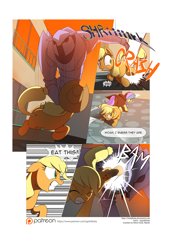 Size: 3541x5016 | Tagged: safe, artist:gashiboka, applejack, oc, oc:gold lily, earth pony, pony, comic:recall the time of no return, bucking, comic, iron wolf, patreon, patreon logo