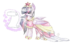 Size: 1120x665 | Tagged: safe, artist:maneribbons, derpibooru import, twilight sparkle, twilight sparkle (alicorn), alicorn, pony, big crown thingy, clothes, coronation dress, dress, female, mare, solo