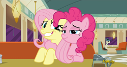 Size: 1918x1011 | Tagged: safe, edit, edited screencap, screencap, fluttershy, lucky breaks, pinkie pie, earth pony, pegasus, pony, the saddle row review, discovery family logo, female, flutterpie, i am an adult, i need an adult, lesbian, shipping