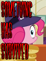 Size: 448x592 | Tagged: safe, edit, edited screencap, screencap, pinkie pie, earth pony, pony, the saddle row review, too many pinkie pies, breaking the fourth wall, callback, hat, image macro, jurassic park, meme, oh crap, pinkie clone, solo, the clone that got away, the lost world