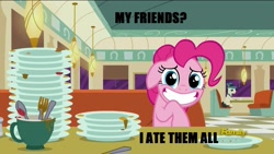 Size: 1920x1080 | Tagged: safe, edit, edited screencap, screencap, lucky breaks, pinkie pie, earth pony, pony, the saddle row review, dialogue, discovery family logo, female, funny, image macro, implied cannibalism, meme, solo