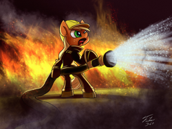 Size: 1200x900 | Tagged: safe, artist:tsitra360, applejack, earth pony, pony, bipedal, fire, fire hose, firefighter, open mouth, solo