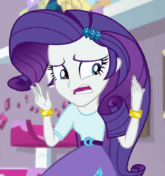 Size: 673x720 | Tagged: safe, screencap, rarity, dance magic, equestria girls, spoiler:eqg specials, animated, arms, bedroom, belt, bracelet, breasts, bust, cat tower, clothes, concerned, cropped, elbowed sleeves, eyelashes, eyeshadow, female, fingers, frown, hairpin, hand, jewelry, long hair, looking around, makeup, moving, open frown, open mouth, shaking, shaking hand, skirt, talking, teenager, teeth, top, worried