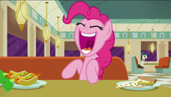 Size: 1920x1080 | Tagged: safe, screencap, lucky breaks, pinkie pie, earth pony, pony, the saddle row review, carrot, carrot dog, discovery family logo, food, pizza, solo