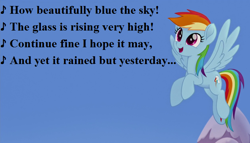 Size: 672x384 | Tagged: safe, derpibooru import, edit, edited screencap, screencap, rainbow dash, pegasus, pony, my little pony: the movie, cropped, cute, dashabetes, gilbert and sullivan, how beautifully blue the sky, lyrics, mountain, song reference, text, the pirates of penzance