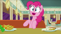 Size: 1920x1080 | Tagged: safe, screencap, lucky breaks, pinkie pie, earth pony, pony, the saddle row review, :3, carrot, carrot dog, catface, discovery family logo, food, pizza, solo