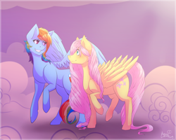 Size: 1500x1200 | Tagged: safe, artist:aqualuna112, derpibooru import, fluttershy, rainbow dash, pegasus, pony, cloud, duo, eye contact, female, gritted teeth, looking at each other, mare, on a cloud, raised hoof, sky, smiling, spread wings, wings