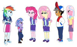 Size: 1884x1144 | Tagged: safe, artist:someguy458, derpibooru import, clear sky, fluttershy, pinkie pie, quibble pants, rainbow dash, wind sprint, common ground, equestria girls, buckball, clothes, cute, digital art, equestria girls interpretation, equestria girls-ified, freckles, mary janes, overalls, scene interpretation, shoes, simple background, skirt, sneakers, socks, transparent background