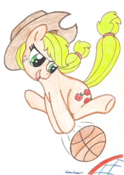 Size: 820x1155 | Tagged: safe, artist:silversimba01, applejack, earth pony, pony, basketball, fanart, female, mare, solo, sports, traditional art