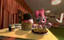 Size: 1024x640 | Tagged: safe, artist:ljdamz1119, pinkie pie, earth pony, pony, the saddle row review, 3d, cake, clone, eating, food, gmod, pancakes, pie, pinkie clone, scene interpretation