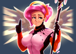 Size: 4092x2893 | Tagged: safe, artist:mrw32, fluttershy, human, breasts, clothes, crossover, female, gloves, humanized, mercy, mercyshy, overwatch, solo, weapon