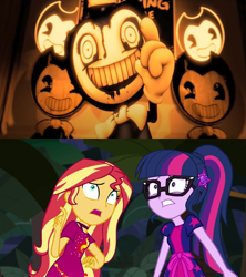 Size: 1920x2160 | Tagged: safe, edit, screencap, sci-twi, sunset shimmer, twilight sparkle, better together, equestria girls, spring breakdown, 3d, bendy, bendy and the ink machine, crossover, joey drew studios, nightmare fuel, pacman eyes, scared, shrunken pupils, source filmmaker, teeth, themeatly