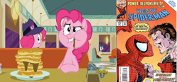 Size: 880x409 | Tagged: safe, screencap, pinkie pie, earth pony, pony, the saddle row review, ben reilly, clone, comparison, marvel, peter parker, pinkie clone, spider-man, the clone that got away