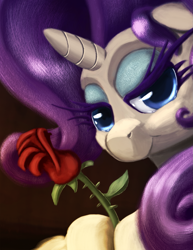 Size: 1351x1750 | Tagged: safe, alternate version, artist:noctomaeus, rarity, pony, unicorn, bedroom eyes, bust, female, flower, looking at you, mare, portrait, rose, solo