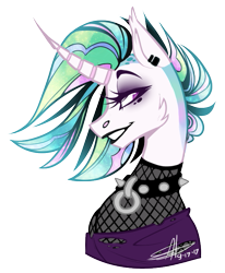 Size: 585x711 | Tagged: safe, artist:shimmering--sunlight, princess celestia, alicorn, pony, alternate hairstyle, black lipstick, cheek fluff, choker, clothes, curved horn, ear fluff, ear piercing, eyeliner, female, grin, lipstick, makeup, mare, piercing, profile, punk, punklestia, signature, simple background, smiling, solo, spiked choker, torn clothes, transparent background