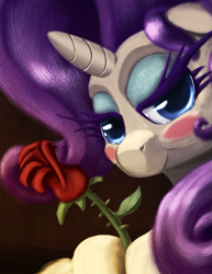 Size: 1351x1750 | Tagged: safe, alternate version, artist:noctomaeus, rarity, pony, unicorn, bedroom eyes, blushing, bust, female, flower, looking at you, mare, portrait, rose, solo