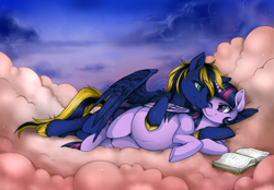 Size: 1000x694 | Tagged: safe, artist:mr-tiaa, derpibooru import, twilight sparkle, twilight sparkle (alicorn), oc, oc:zephyr, alicorn, pegasus, pony, belly, book, canon x oc, cloud, cloudy, cuddling, female, hoof on belly, hug, male, mama twilight, nuzzling, on side, one eye closed, pregnant, reading, smiling, snuggling, spread wings, straight, twiphyr, wink