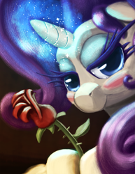 Size: 1351x1750 | Tagged: safe, alternate version, artist:noctomaeus, rarity, pony, unicorn, bedroom eyes, blushing, bust, female, flower, looking at you, magic, mare, portrait, rose, solo