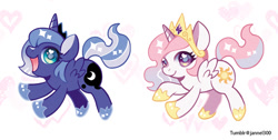 Size: 1000x505 | Tagged: safe, artist:jannel300, princess celestia, princess luna, alicorn, pony, cewestia, cute, cutelestia, female, filly, heart, heart eyes, jewelry, looking at you, lunabetes, regalia, s1 luna, simple background, smiling, white background, wingding eyes, woona, younger