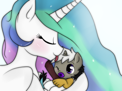 Size: 640x480 | Tagged: safe, artist:hikariviny, princess celestia, oc, oc:chaotic, alicorn, hybrid, pony, cradling, cute, diaper, eyes closed, female, interspecies offspring, licking, like mother like son, loving mother, male, momlestia, mother and child, mother and son, motherly, motherly love, nuzzling, offspring, one eye closed, pacifier, parent and child, parent:discord, parent:princess celestia, parents:dislestia, smiling, tongue out, wink