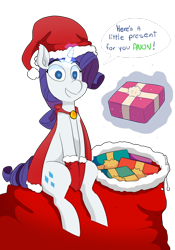 Size: 700x1000 | Tagged: safe, artist:4chanponeh, rarity, pony, unicorn, christmas, gift giving, gift wrapped, hat, hearts and hooves day, holiday, santa hat, simple background, transparent background