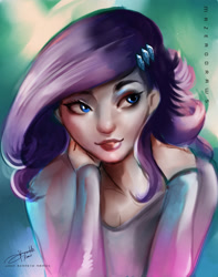 Size: 1612x2044 | Tagged: safe, artist:bunsogen, rarity, human, clothes, female, humanized, lipstick, signature, smiling, solo