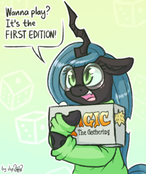 Size: 1344x1600 | Tagged: safe, artist:dsp2003, queen chrysalis, changeling, changeling queen, 2018, adorkable, alpha edition, blushing, card game, clothes, cute, cutealis, dialogue, dork, dorkalis, female, floppy ears, glasses, happy, loss (meme), magic the gathering, mare, open mouth, smiling, solo