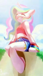 Size: 590x1024 | Tagged: safe, artist:鸡三岁, princess celestia, alicorn, anthro, pony, unguligrade anthro, anatomically incorrect, arm hooves, bracelet, cheerful, clothes, cloud, cloudy, cute, cutelestia, cutie mark, daisy dukes, day, eyelashes, eyes closed, female, grass, grin, incorrect leg anatomy, jewelry, mare, multicolored mane, praise the sun, shorts, sky, smiling, solo, tanktop, wingless, wingless anthro