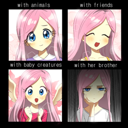 Size: 900x900 | Tagged: safe, artist:quizia, fluttershy, human, flutter brutter, anime, blushing, chart, clothes, cute, eyes closed, humanized, implied zephyr breeze, open mouth, pony coloring, quizia is trying to murder us, shyabetes, solo, text, winged humanization