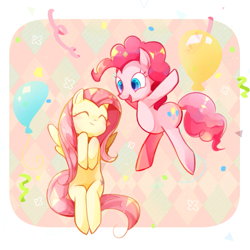 Size: 871x871 | Tagged: safe, artist:kaho, fluttershy, pinkie pie, earth pony, pegasus, pony, flutterpie, shipping