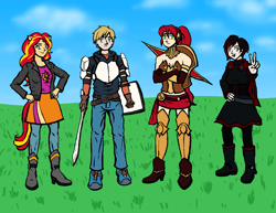 Size: 1553x1200 | Tagged: safe, artist:deathbychiasmus, sunset shimmer, human, fanfic:sapr, armor, blue sky, boots, cape, clothes, corset, cutie mark, cutie mark on clothes, eared humanization, faunus, grass, high heel boots, humanized, jacket, jaune arc, jeans, leather jacket, pants, peace sign, pyrrha nikos, ruby rose, rwby, shield, shoes, simple background, skirt, sneakers, spear, sword, tailed humanization, weapon