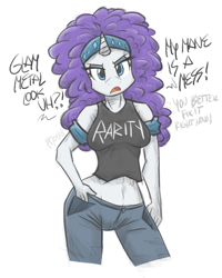 Size: 1000x1250 | Tagged: safe, artist:flutterthrash, rarity, anthro, belly button, clothes, dialogue, female, glam metal, glam rock, midriff, solo, tanktop