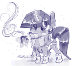 Size: 497x434 | Tagged: safe, artist:deepfriedrainbows, derpibooru import, twilight sparkle, clothes, drink, levitation, magic, monochrome, mug, scarf, solo, winter