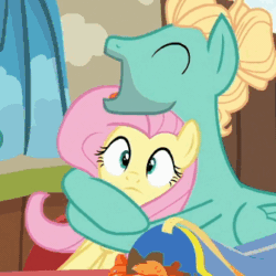 Size: 336x336 | Tagged: safe, screencap, fluttershy, zephyr breeze, pegasus, pony, flutter brutter, animated, brother and sister, cute, female, fluttershy is not amused, hug, male, siblings, zephyrbetes