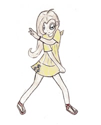 Size: 844x1043 | Tagged: source needed, safe, anonymous artist, fluttershy, human, clothes, feet, humanized, sandals, skirt, solo, traditional art