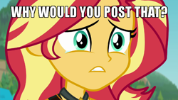 Size: 600x338 | Tagged: safe, edit, edited screencap, screencap, sunset shimmer, better together, equestria girls, forgotten friendship, caption, crying, discovery family, discovery family logo, female, image macro, lightly watermarked, meme, sad, teary eyes, text, url, watermark, why would you post that