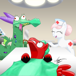 Size: 2000x2000 | Tagged: safe, artist:stewi0001, crackle, nurse redheart, oc, dragon, surgery