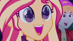 Size: 924x520 | Tagged: safe, edit, edited screencap, editor:clopero overlord, editor:drakeyc, screencap, sci-twi, sunset shimmer, twilight sparkle, equestria girls, equestria girls series, forgotten friendship, sunset's backstage pass!, spoiler:eqg series (season 2), background human, backstage pass, butt, clothes, cropped, cute, eye reflection, female, fry lilac, happy, lesbian, logo, plot, reflection, scitwishimmer, shimmerbetes, shipping, smiling, spanish, sunsetsparkle, swimsuit, twibutt, watermark, wide eyes