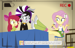 Size: 2543x1629 | Tagged: safe, artist:conikiblasu-fan, apple bloom, fluttershy, zecora, equestria girls, boots, breasts, clothes, convention, crossed legs, equestria girls interpretation, equestria girls-ified, female, hotdiggedydemon, innocence.mov, legs, maggie vera, microphone, open mouth, recorder, recording, scene interpretation, skirt, skirt lift, socks, spanish, tanktop, thighs, translated in the description