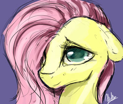 Size: 1024x866 | Tagged: safe, artist:lacayra, artist:minckies, fluttershy, pegasus, pony, bust, colored sketch, floppy ears, looking at you, portrait, solo