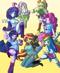 Size: 2200x2650 | Tagged: safe, artist:gpwlghr123, applejack, fluttershy, pinkie pie, rainbow dash, rarity, sunset shimmer, twilight sparkle, equestria girls, action pose, applerack, book, breasts, busty mane six, cleavage, headlight sparkle, hootershy, humane five, humane seven, humane six, open mouth, pinkie pies, rainboob dash, raritits, simple background, sunset jiggler, yellow background